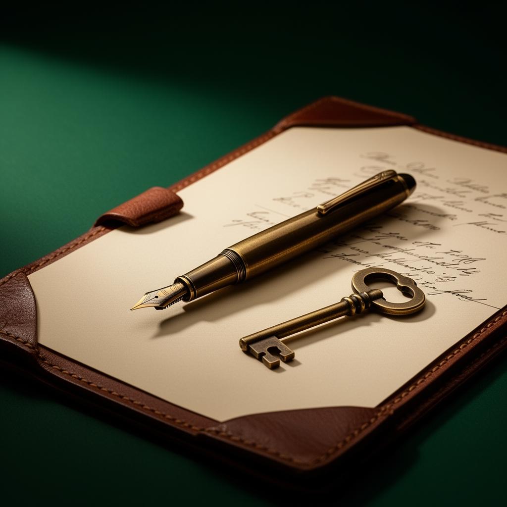 Antique fountain pen and brass key on a leather portfolio